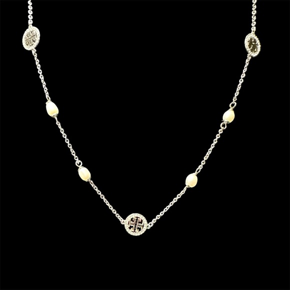 NEW Authentic Tory Burch Pearl & Silver Double T Logo Pave Necklace with Tag - Picture 2 of 7